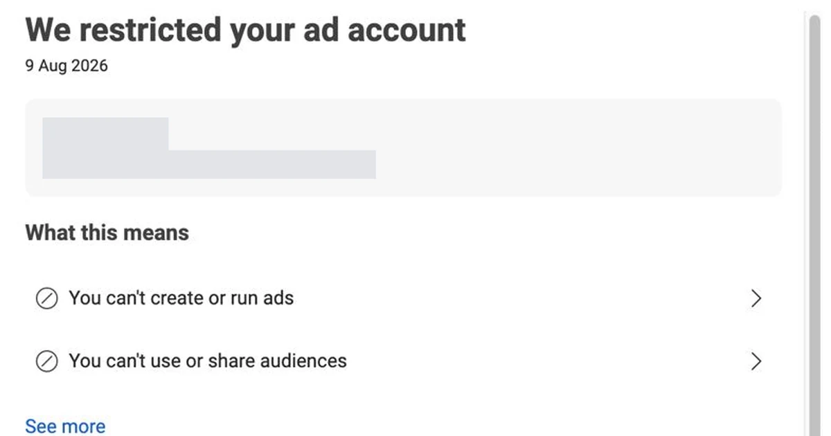 Meta dialog reading We restricted your ad account, listing that you cannot create or run ads or use audiences, with the account name and ID redacted