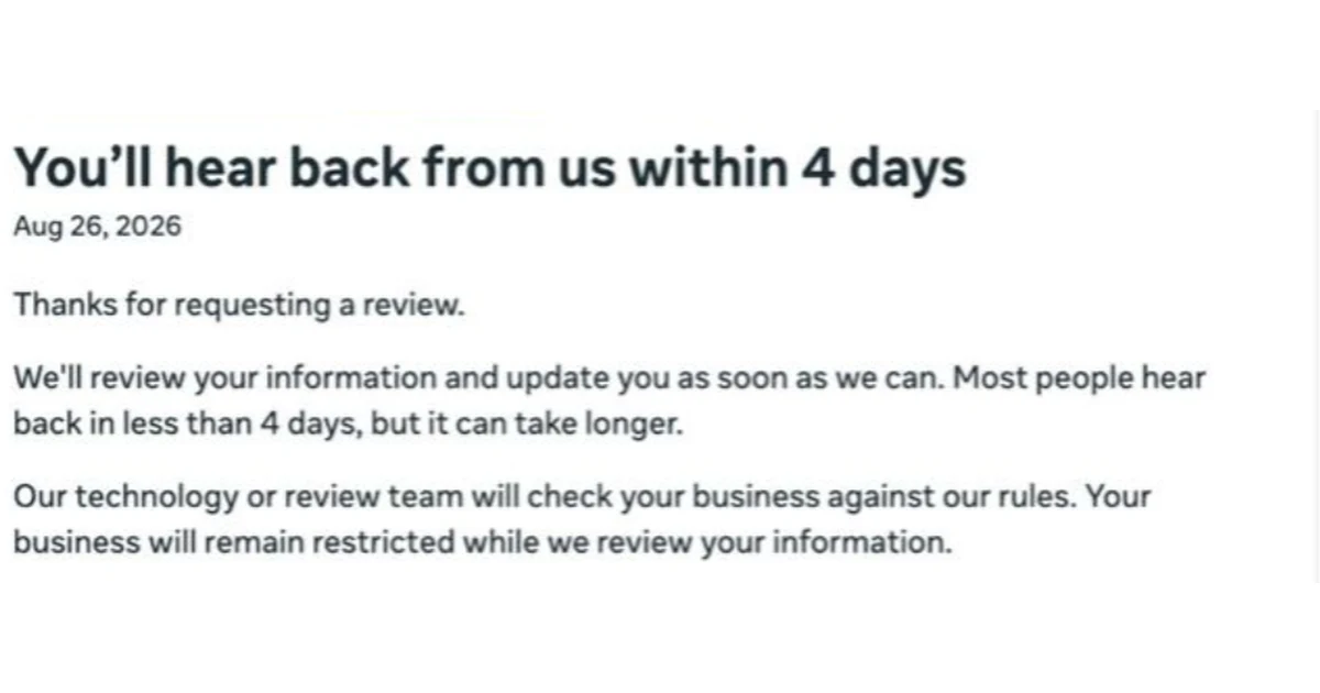 Meta review notice reading You will hear back from us within 4 days, stating the business remains restricted while under review